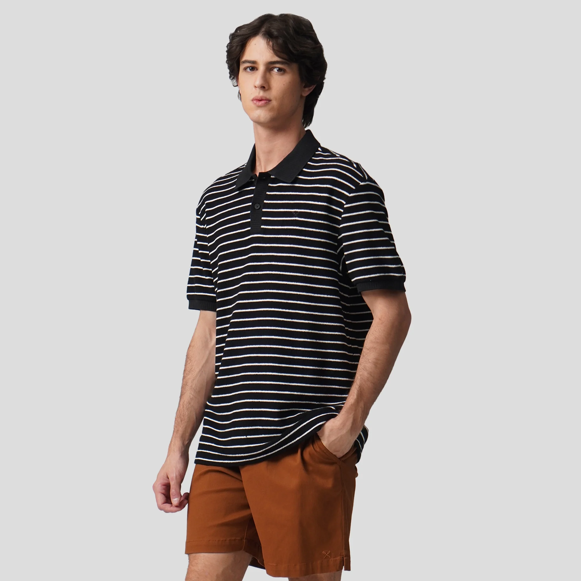 Regular Fit Striped Polo Shirt In Textured Knit - Image 3