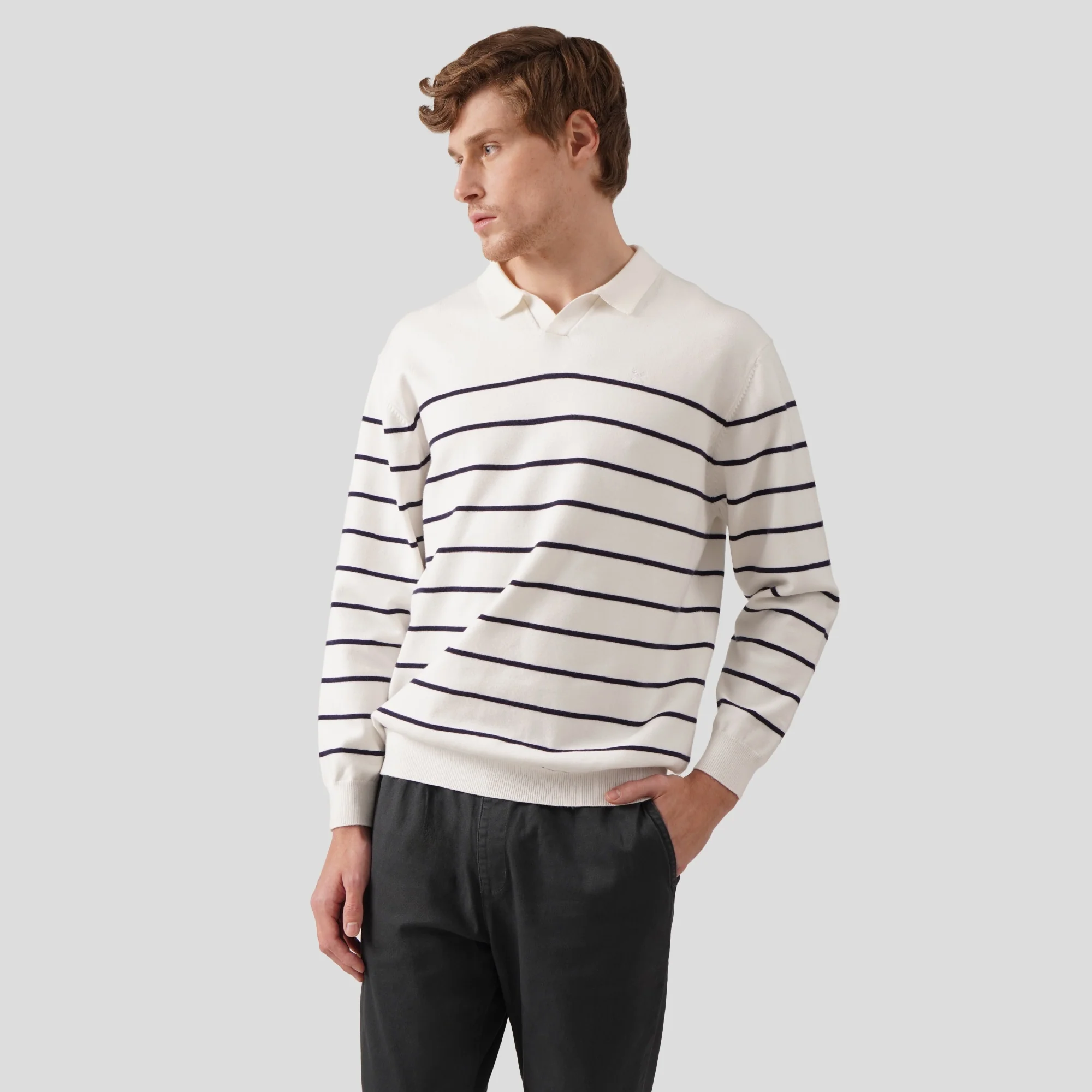 Regular Fit V-Placket Striped Pullover In Flat Knit - Image 3