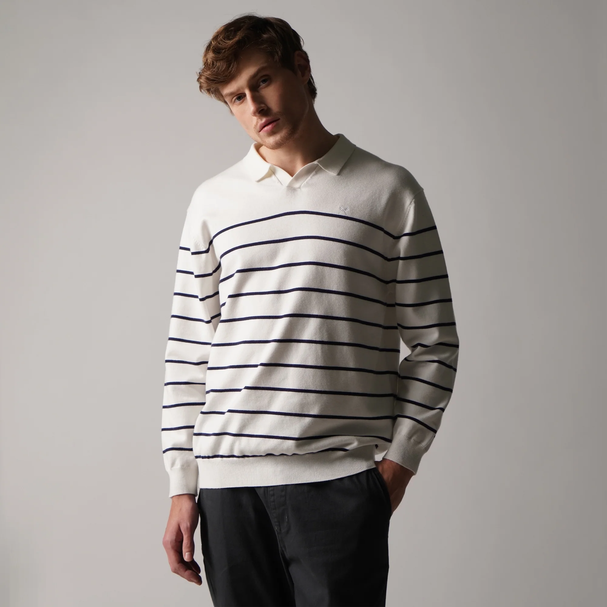 Regular Fit V-Placket Striped Pullover In Flat Knit - Image 4