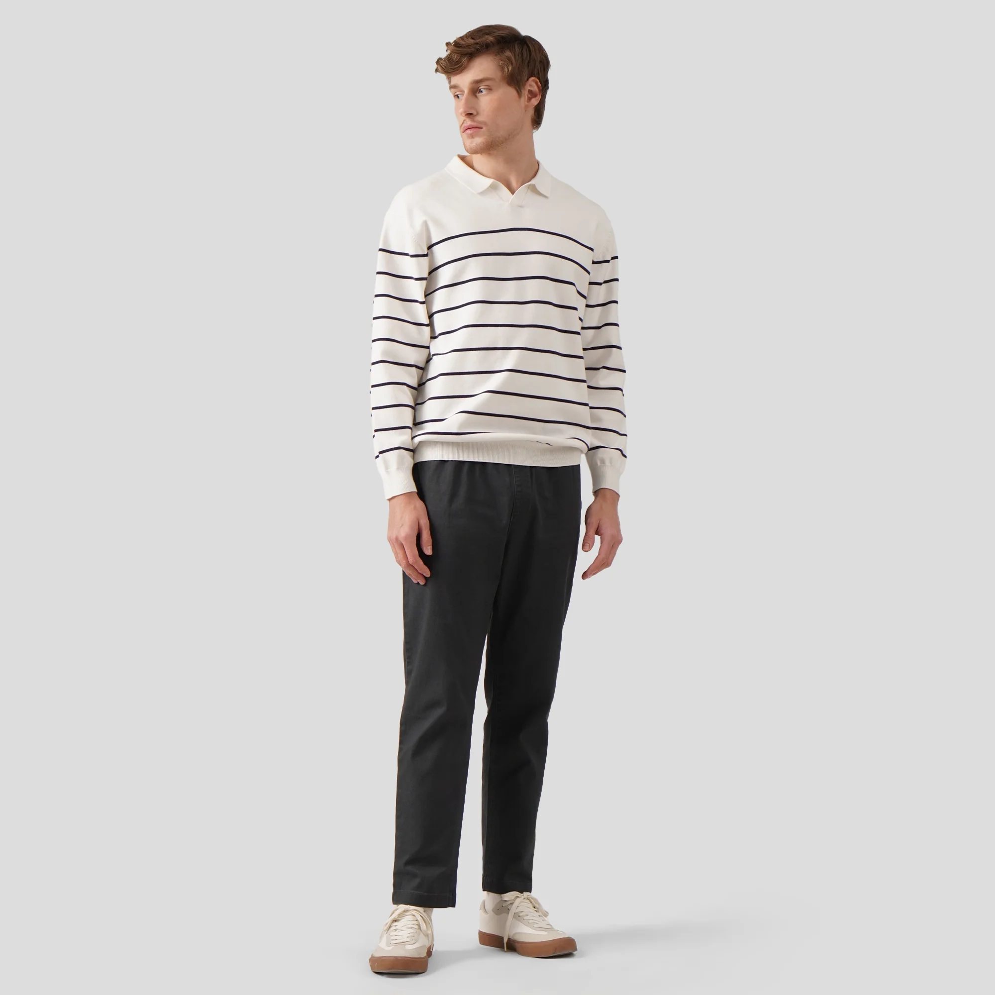 Regular Fit V-Placket Striped Pullover In Flat Knit - Image 6