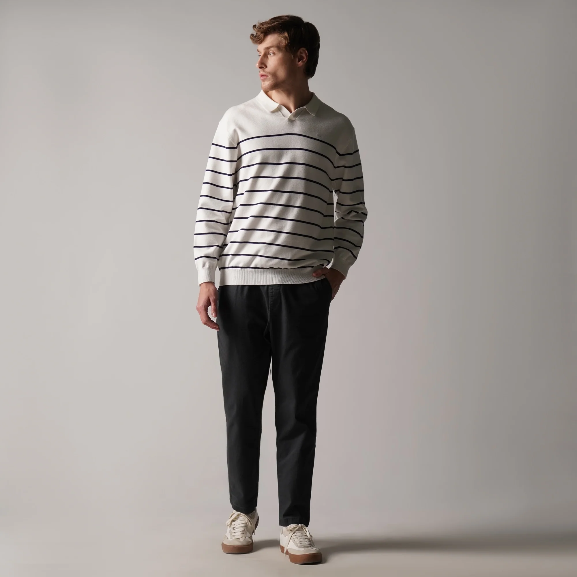 Regular Fit V-Placket Striped Pullover In Flat Knit - Image 7